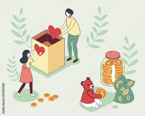 Isometric illustration depicting charity giving and fundraising with hearts and money