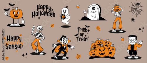 Retro Cartoon Halloween Characters. Set of groovy elements. Skeletons, Pumpkins, Ghost, Vampire & Frankenstein, Grave, Spiders, Web. Scary decorations. Happy Halloween vector lettering.