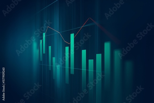 Abstract Financial Data Visualization with Chart Bars and Line, Presented with a Dark Blue and Green Color Scheme for Modern Business.