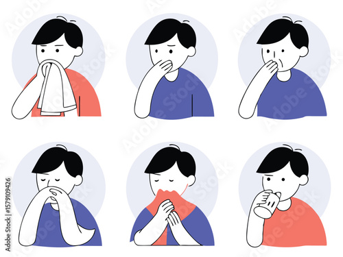 Stages of sickness depicted with simple illustrations on transparent backgrounds