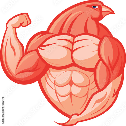 Fresh Produce Art Collections Powerful Muscular Bird, Strong Red Rooster Showing Biceps, Fitness Mascot, Cartoon Illustration, Gym Logo Design