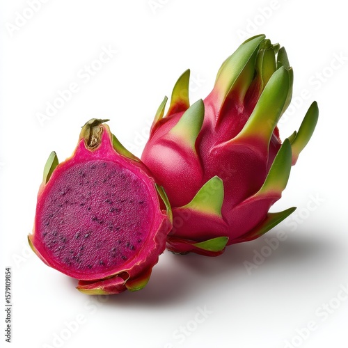 Vibrant pink dragon fruit cut in half showing purple flesh and seeds isolated on white background