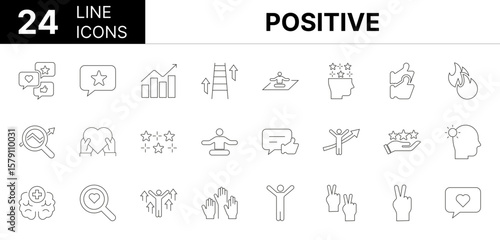 Collection of 24 positive line icons featuring editable strokes. These outline icons depict various modes of positive, icon, vector, positive, aggressive, passion, smile, mental, courage, hustle,