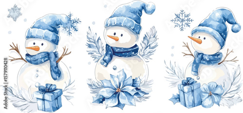 Watercolor Snowman Border with Gifts and Poinsettia in Blue Tones