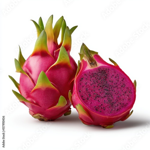 Vibrant pink dragon fruit with one half sliced open isolated on white background