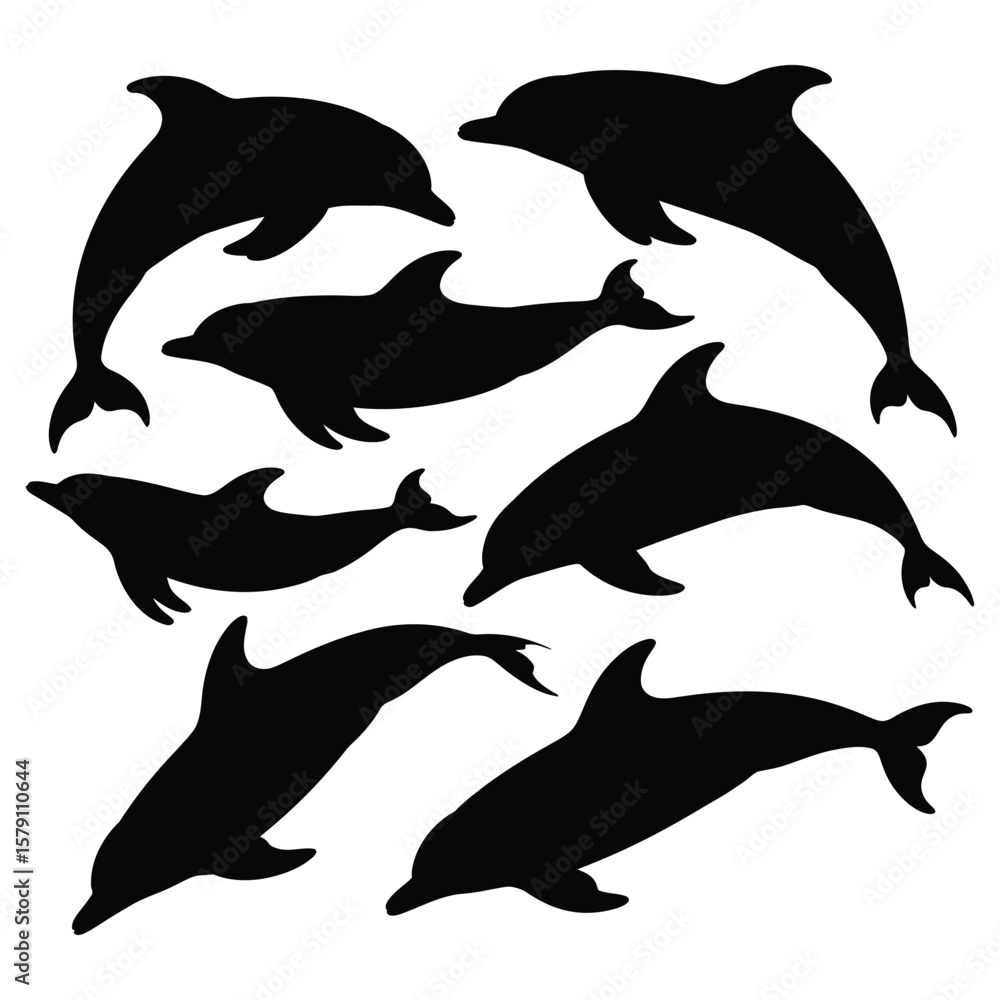 Fototapeta premium Dolphin silhouette vector set, collection of dolphin swimming and jumping pose