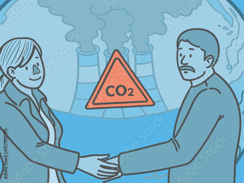 Agreement on climate change depicted with handshake and co2 emission warning
