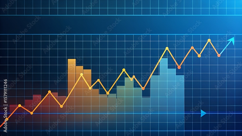 Fototapeta premium Digital financial graph showing upward trend with bars and line chart on grid