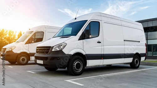 Two white cargo vans are parked neatly in a parking lot under bright sunshine. Commercial vehicles for delivery are waiting for use and transport.