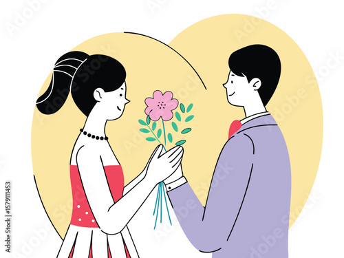 Couple sharing flowers illustration with outlines on white background and offering