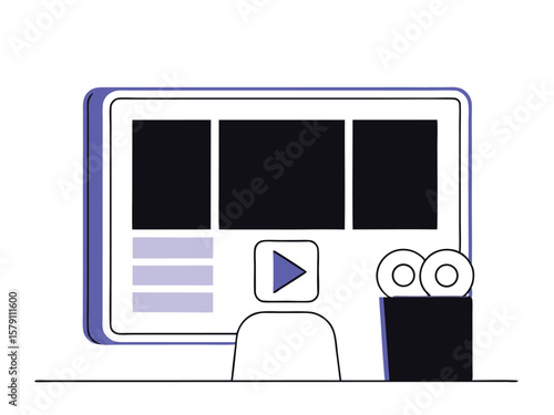 Digital video creation concept depicted with computer play button and cinema camera