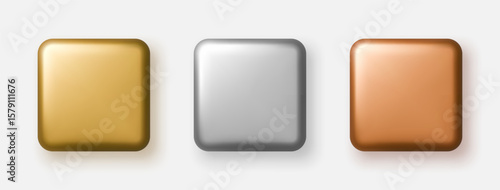 Gold, silver and bronze 3D square buttons with metallic gloss. Vector illustration