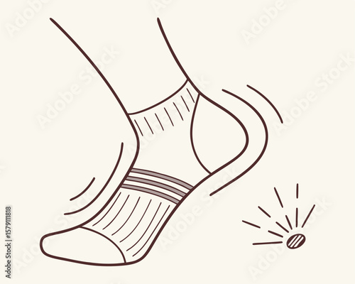 Falling object from foot wearing striped sock transparent line art illustration
