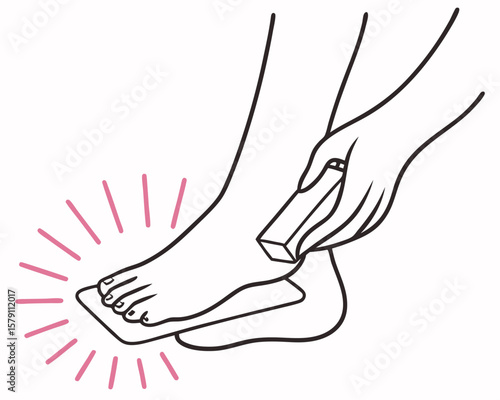Foot care illustration depicting hand holding grinding tool and pedicure process