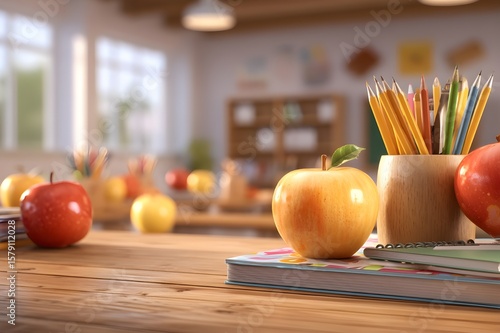 Modern classroom background with stationery essentials, books and supplies ready for the first day of school. Back to school composition with colorful stationery on a desk in front of a chalkboard.