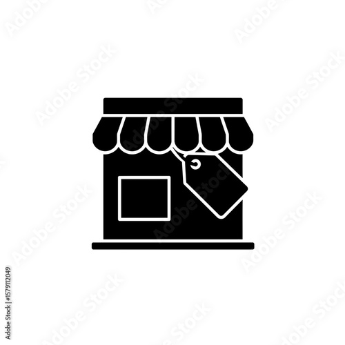 Shopfront Icon: A stylized icon of a shopfront, symbolizing commerce and retail, with a prominent price tag emphasizing deals, offers, and sales in minimalist visual.