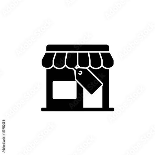 Shopfront with Price Tag Silhouette: A minimalistic silhouette of a shopfront, showcasing a price tag, symbolizing retail, and commercial activities.
