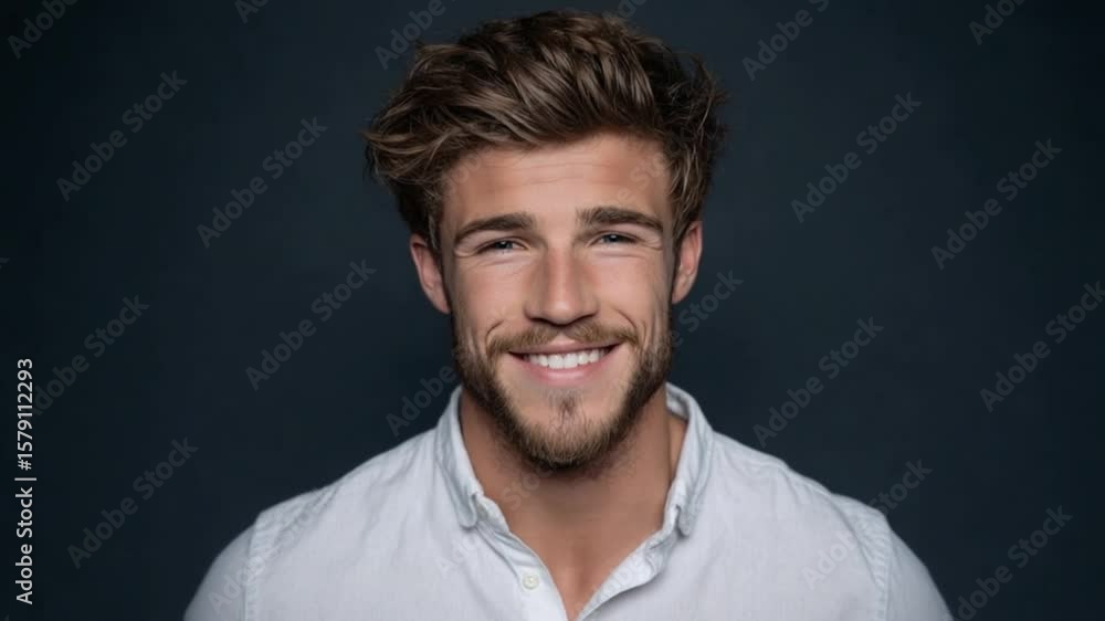 Close Up Portrait of a Handsome Young Man with a Beard Smiling Confidently in a White Shirt on a Dark Background In Studio Close Up Portrait of a Handsome Young Man with a Beard Smiling Confidently in a White Shirt on a Dark Background In Studio