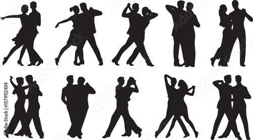 Vector art of multiple couples dancing in various ballroom styles