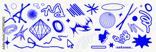 Graphic geometric shape asset pack. Pixelated and bitmap abstract figures in vector for design template, poster, sticker. Isolated blue elements on white background.