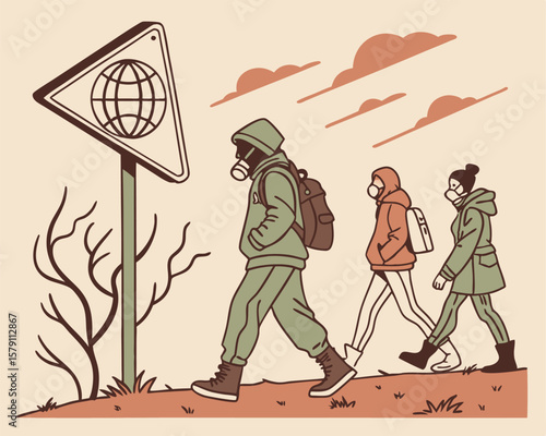 Illustration of people walking in protective gear past global warning sign