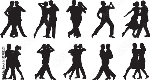 Vector art of couples dancing in various ballroom poses isolated on white