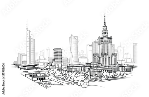 Line art vector illustration of modern Warsaw, Poland