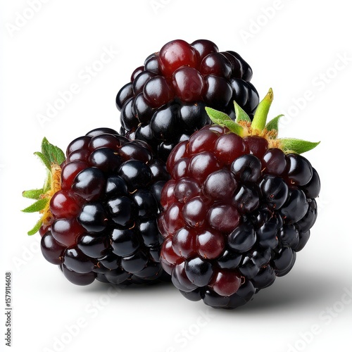 Three ripe blackberries with green leaves isolated on white background