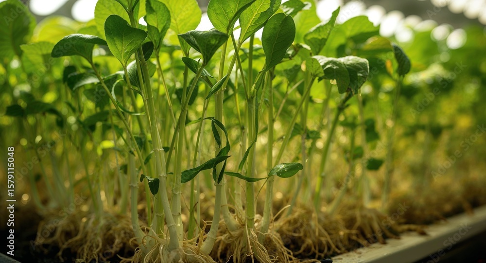 Naklejka premium A close up view of young plants with green leaves and visible roots growing in a tray indoors
