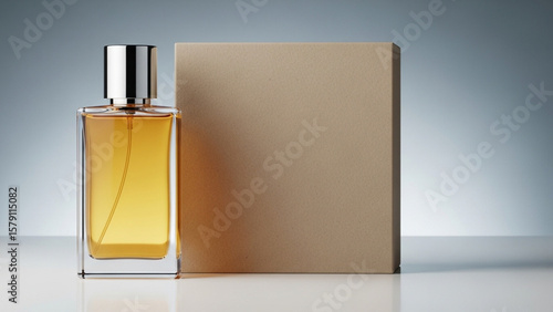 A bottle of amber perfume next to its packaging png