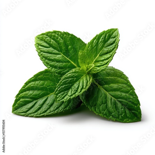 Fresh green mint leaves arranged in a cluster isolated on white background
