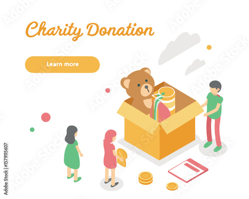 Charity donation illustration depicting people donating toys and money for a good cause