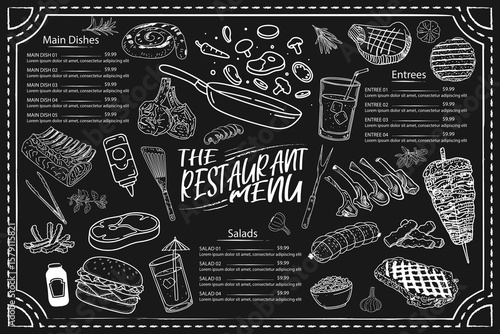 Cafe menu with retro illustrations. Vector template for steakhouses.