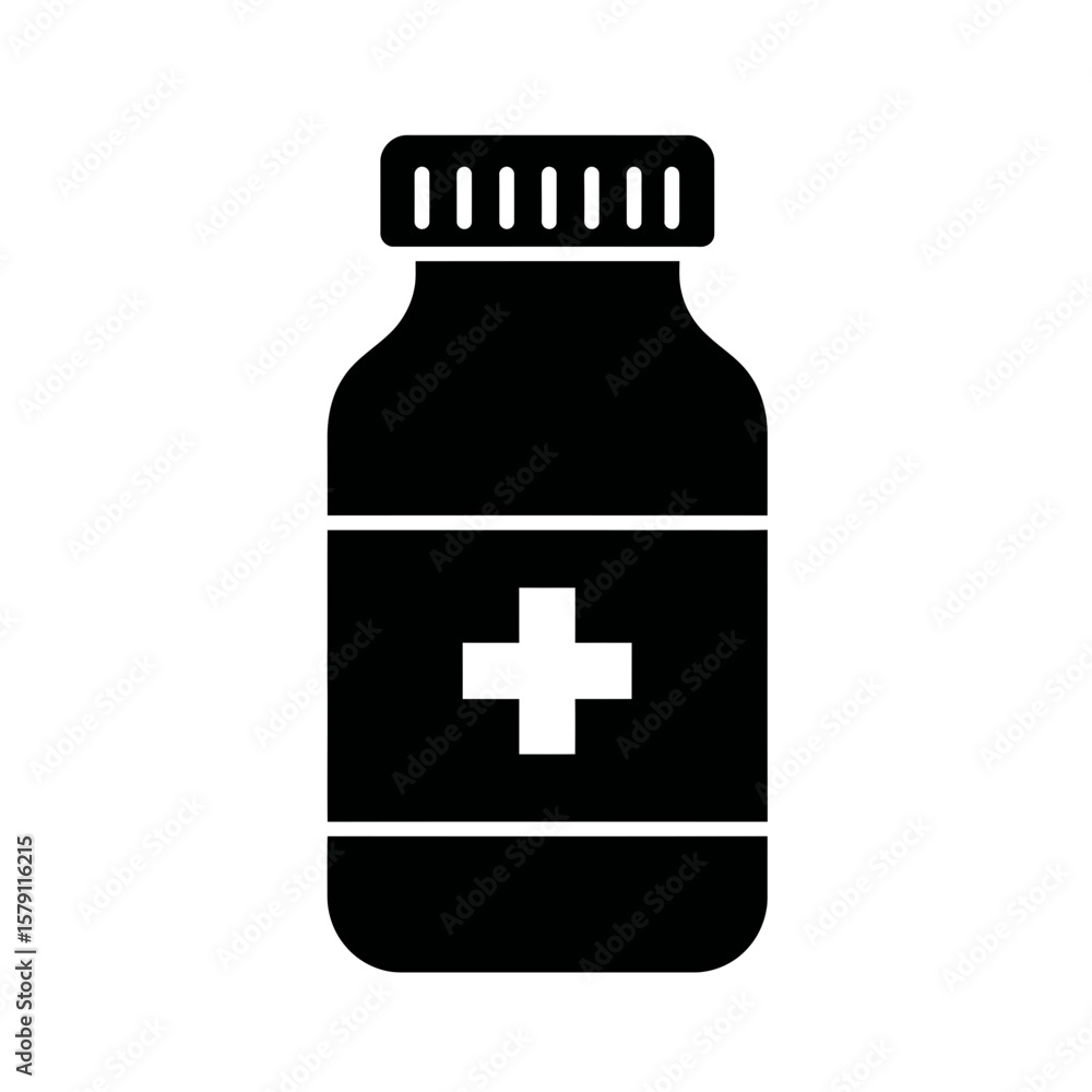 Obraz premium Pill Bottle Icon: A simple, yet powerful graphic of a pill bottle, emblem of healthcare. The iconic cross emblem serves as a potent symbol of the industry.