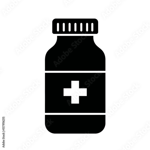 Pill Bottle Icon: A simple, yet powerful graphic of a pill bottle, emblem of healthcare. The iconic cross emblem serves as a potent symbol of the industry.