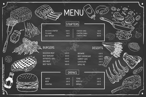 Vintage menu with hand-drawn meat products. Designed for cafes and restaurants.