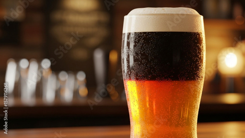 A glass of beer with foam in a dimly lit bar png