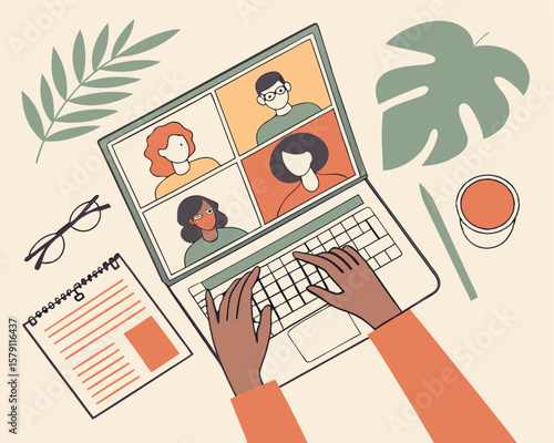 Illustration of a video conference with a laptop and people interacting digitally