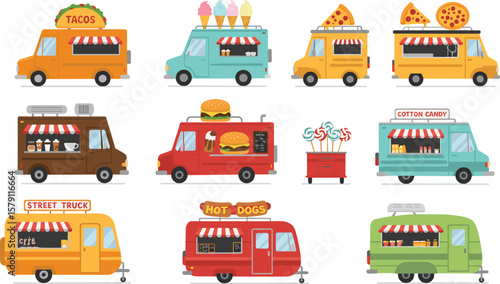 Food truck vector set – taco, pizza, burger, hot dog, ice cream, cotton candy, coffee, dessert trailer illustrations