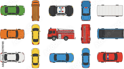Top view car vector set, colorful vehicles illustration, emergency cars, city transport clipart, police fire truck bus van icons