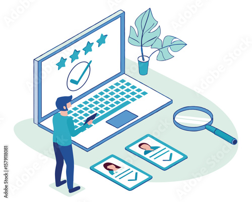 Online hiring process and job application review depicted with isometric elements