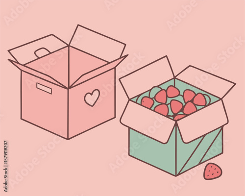 Boxes filled with strawberries simple illustration with pink and green tones