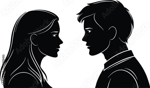 
A male and female silhouette intimate side-profile, symbolizing the connection, love, and the deep emotional bond. Romantic couple silhouette side view, black and white portrait illustration
