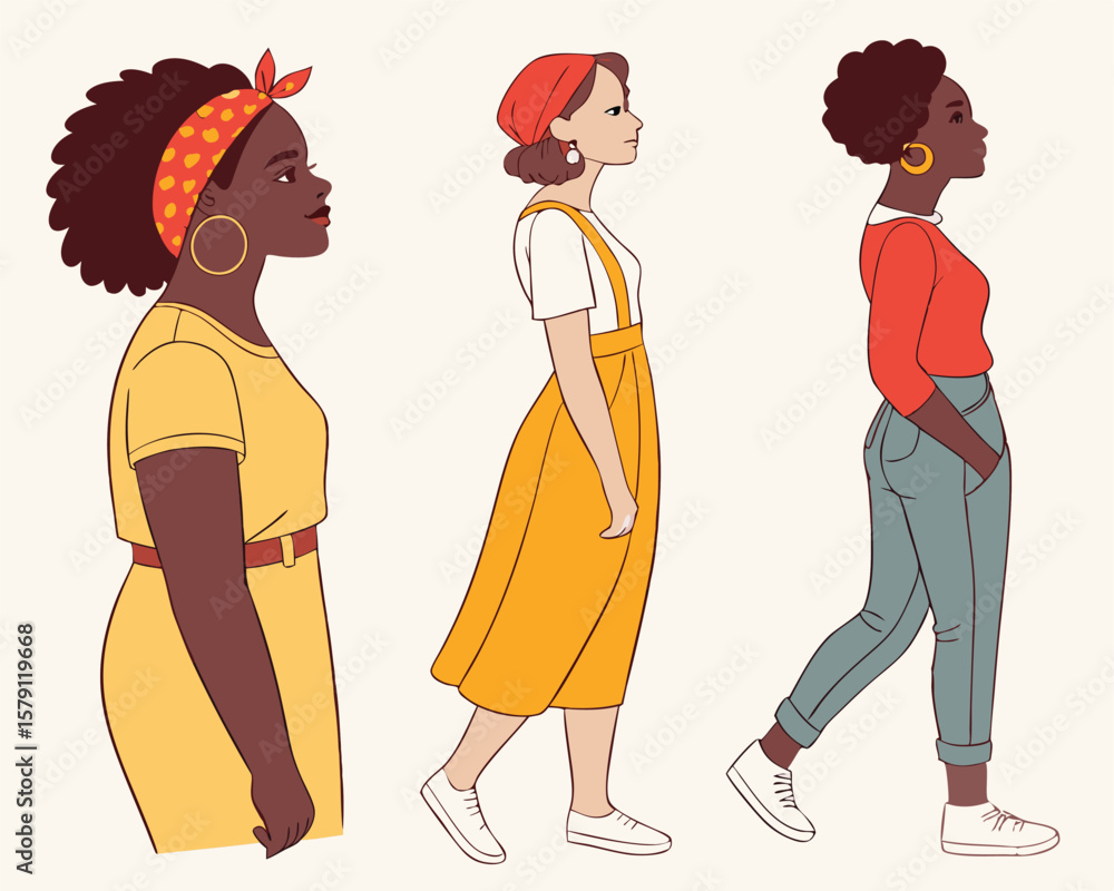 Diverse women in profile walking fashionably against a white background Diverse women in profile walking fashionably against a white background