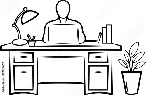 Minimalist office desk line art iolated on white background - workplace setup with computer, lamp, plant, stationery, professional workspace illustration, black and white outline for productivity