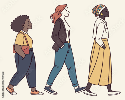 Diverse women walking together in a stylish illustrated sequence with transparency.