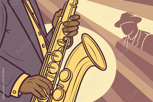 Retro illustration of hands playing saxophone with jazz musician silhouette