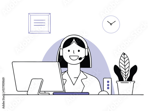 Friendly customer service representative smiling at computer with headset illustration