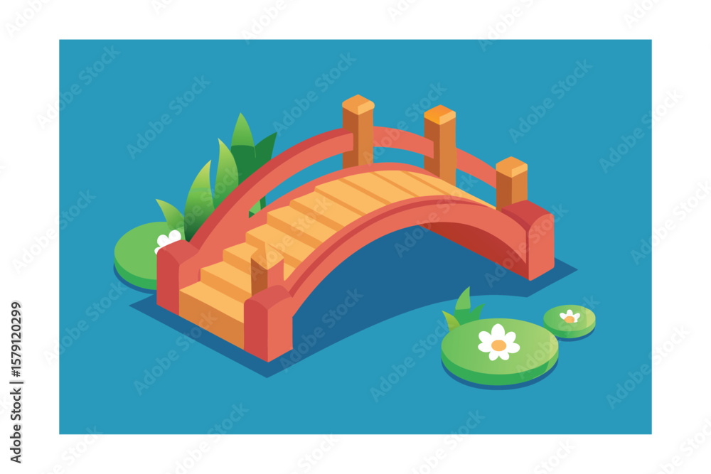 Naklejka premium Serene Wooden Bridge Arching Over Calm Water Isometric Illustration