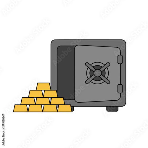 Safe with gold bars stacked beside it in a simple style  